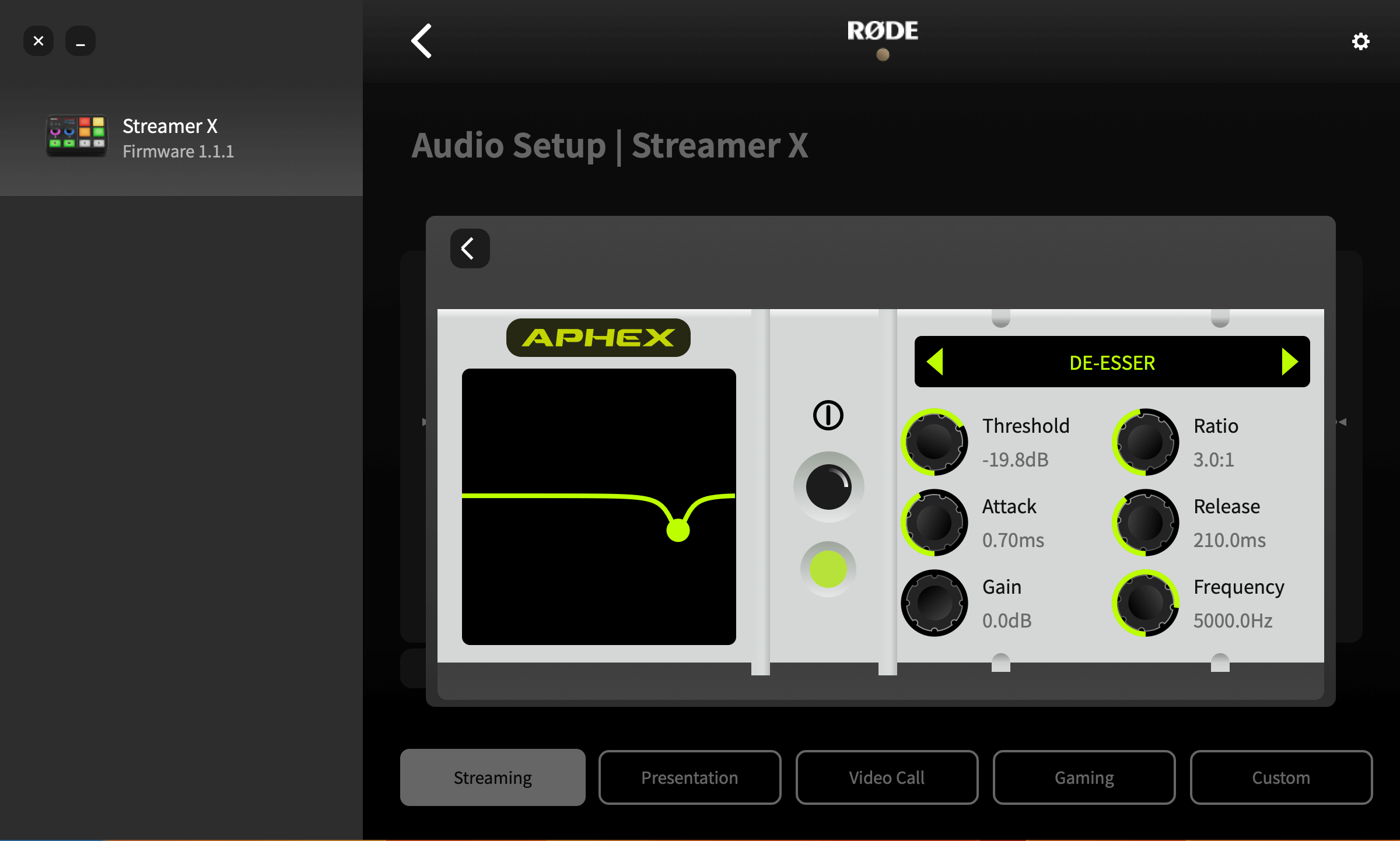 RØDE Central showing de-esser settings